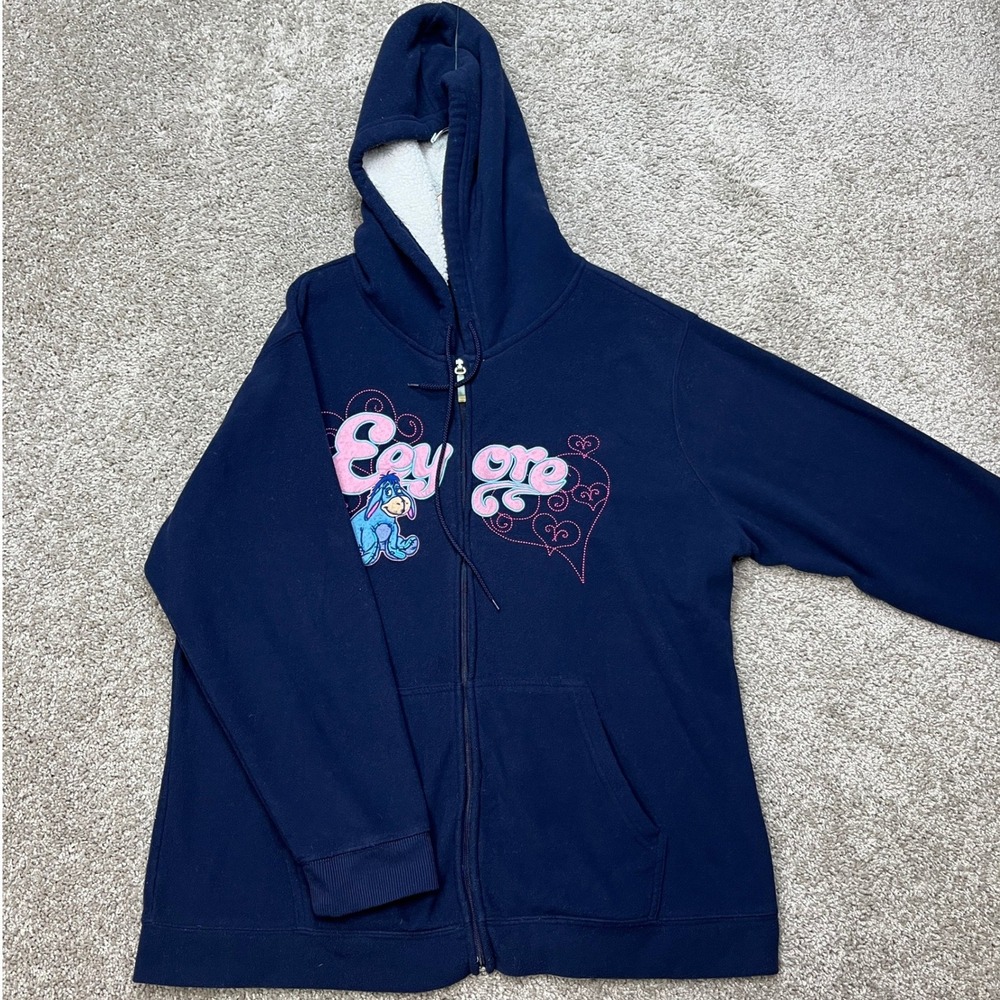 VTG Disney Zip Hoodie Women 3X Navy Blue Full Zip Fleece Sherpa Hood Eeyore EUC
